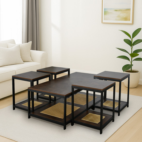 طقم طاولات خدمة 5 قطع 2 دور خشب مع راتان