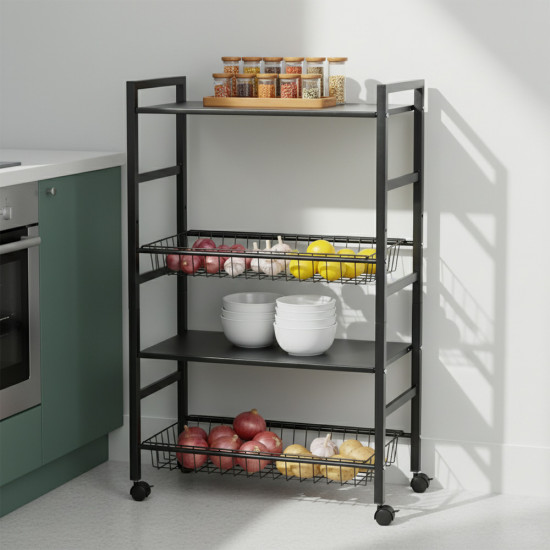 وحدة رفوف متحركة معدنية 4 أدوار أسود وحدة رفوف متحركة معدنية 4 أدوار أسود
