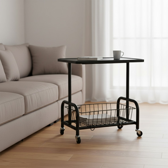 عربة تقديم سطح خشبي مع رف تخزين معدني