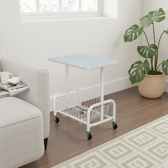 عربة تقديم سطح خشبي مع رف تخزين معدني