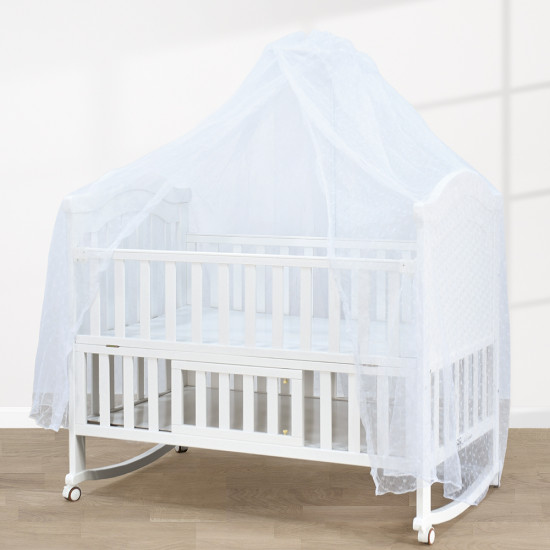 سرير أطفال خشبي بناموسية مع دور تخزين أبيض سرير أطفال خشبي بناموسية مع دور تخزين أبيض