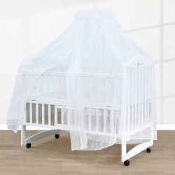 سرير أطفال خشبي بناموسية مع دور تخزين أبيض سرير أطفال خشبي بناموسية مع دور تخزين أبيض