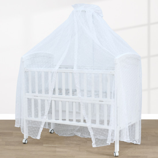 سرير أطفال خشبي بناموسية مع دور تخزين أبيض سرير أطفال خشبي بناموسية مع دور تخزين أبيض