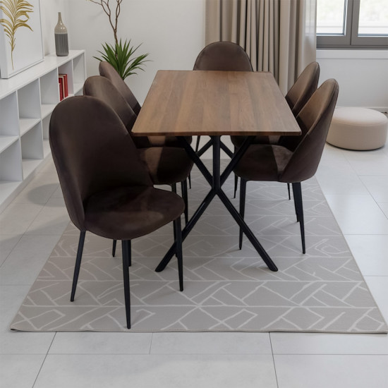 طاولة طعام خشب مع أرجل معدنية 6 كرسي بني