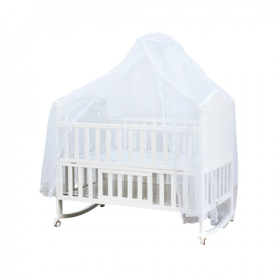 سرير أطفال خشبي بناموسية مع دور تخزين أبيض سرير أطفال خشبي بناموسية مع دور تخزين أبيض