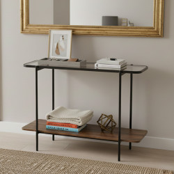 مدخل استقبال خشب مع سطح زجاجي بني