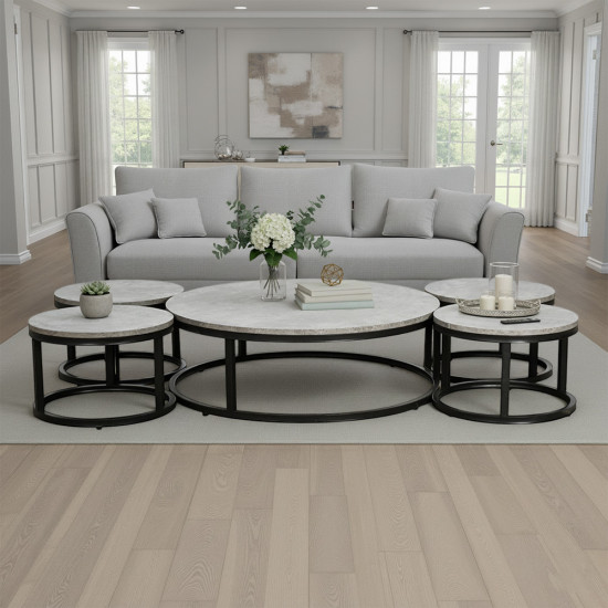 طقم طاولات خدمة دائرية 5 قطع خشبي رمادي طقم طاولات خدمة دائرية 5 قطع خشبي رمادي