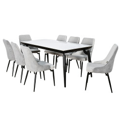 طاولة طعام رخام بأرجل معدنية 8 كراسي رمادي