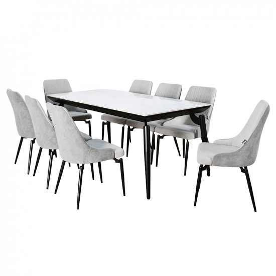 طاولة طعام رخام بأرجل معدنية 8 كراسي رمادي طاولة طعام رخام بأرجل معدنية 8 كراسي رمادي