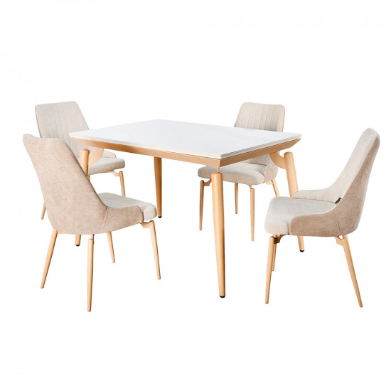 طاولة طعام رخام بأرجل معدنية 4 كراسي بيج طاولة طعام رخام بأرجل معدنية 4 كراسي بيج