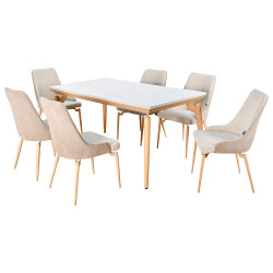 طاولة طعام رخام بأرجل معدنية 6 كراسي بيج