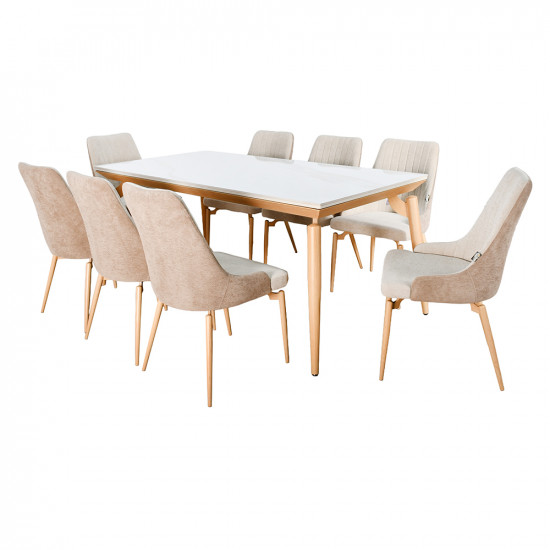 طاولة طعام رخام بأرجل معدنية 8 كراسي بيج