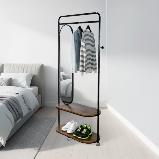 علاقة ملابس مودرن معدنية بأرفف خشب ومرآة علاقة ملابس مودرن معدنية بأرفف خشب ومرآة