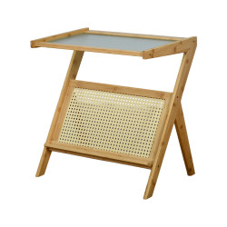 طاولة خدمة مفرد خشب وراتان بسطح زجاجي