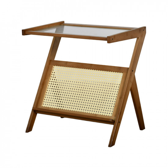 طاولة خدمة مفرد خشب وراتان بسطح زجاجي طاولة خدمة مفرد خشب وراتان بسطح زجاجي