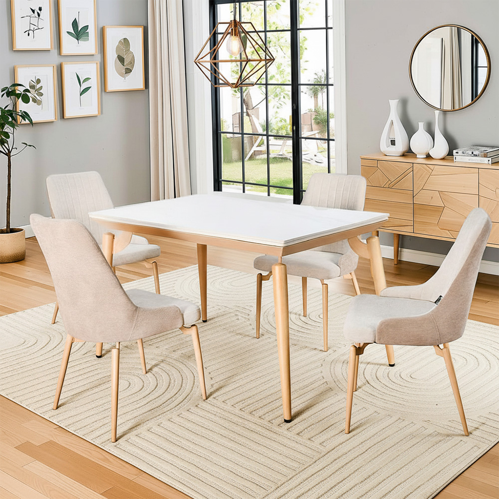 طاولة طعام رخام بأرجل معدنية 4 كراسي بيج