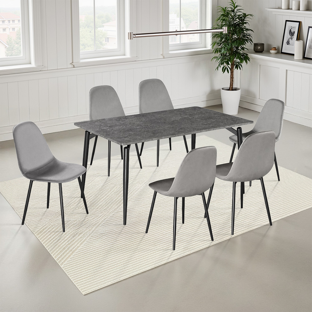 طاولة طعام خشبية 6 كراسي مخمل رمادي