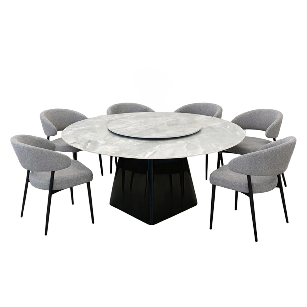 طاولة طعام فاخرة سطح سيراميك دوار 6 كراسي رمادي