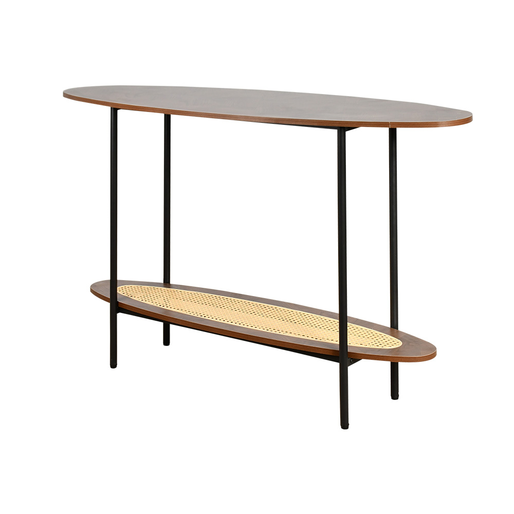 مدخل خشبي مع رف راتان بوهيمي عصري