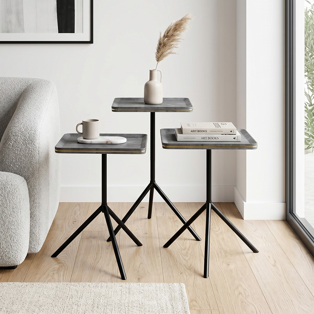 طقم طاولات خدمة 3 قطع خشب بأرجل معدنية