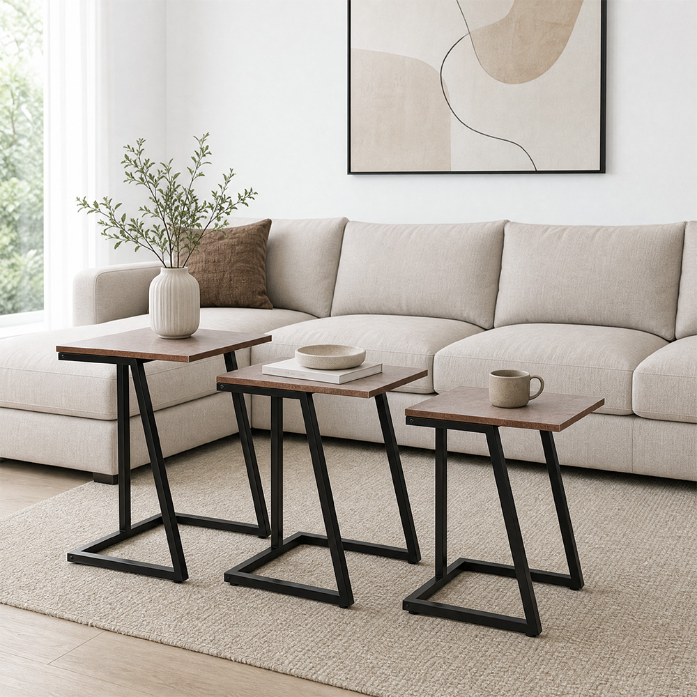 طقم طاولات خدمة خشب 3 قطع بأرجل معدنية بني