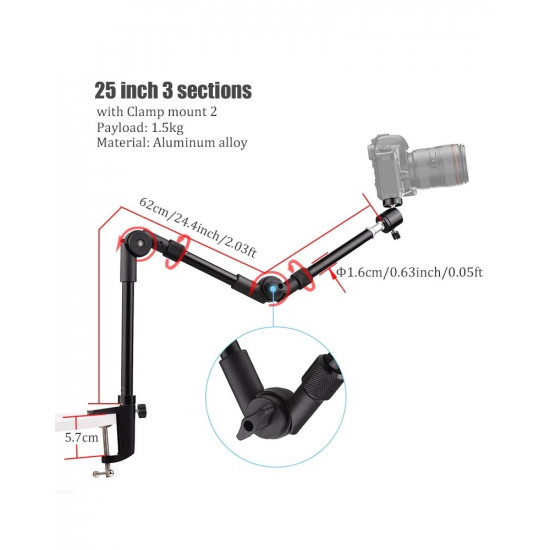 BFOLLOW Magic Articulated Arm 25" 32" Clamp Mount for DSLR Camera Camcorder Overhead Video Studio Webcam Tablet Phone Bracket