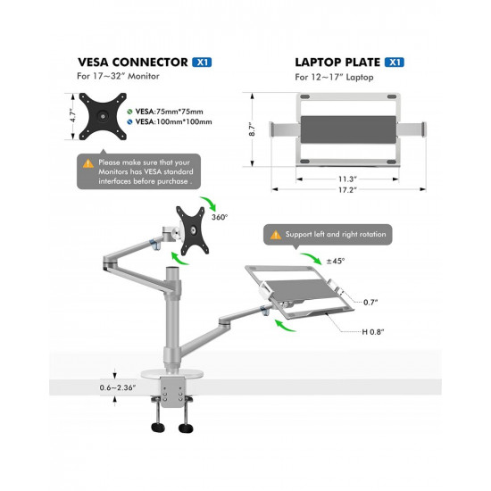 Aluminum Height Adjustable Desktop Dual Arm 17-32 inch Monitor Holder+12-17 inch Laptop Holder Stand OL-3L Full Motion Mount Arm