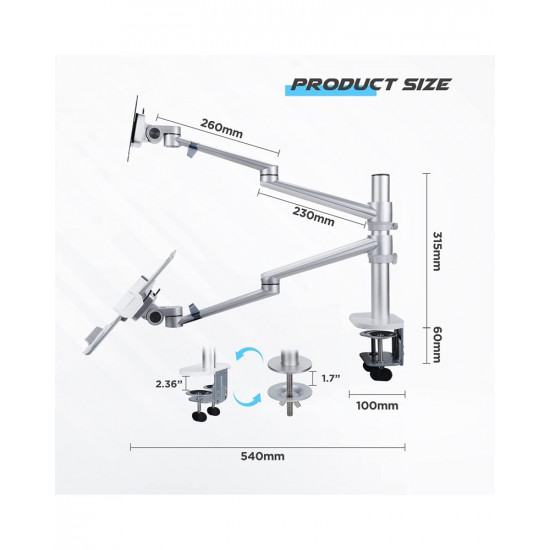 Aluminum Height Adjustable Desktop Dual Arm 17-32 inch Monitor Holder+12-17 inch Laptop Holder Stand OL-3L Full Motion Mount Arm