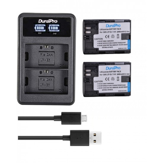 DuraPro 2 x 2000mAh LP-E6 Battery + LCD Charger For Canon 5D Mark II/III/IV, 5DS,5DS R,6D,6D Mark II,7D,7D Mark II,60D,70D,80D