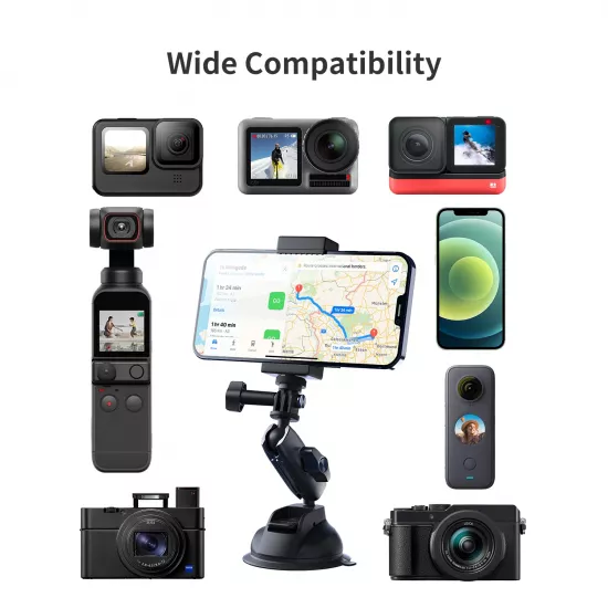 TELESIN Aluminum Alloy Camera Suction Cup Mount With Phone Clip TELESIN Aluminum Alloy Camera Suction Cup Mount With Phone Clip