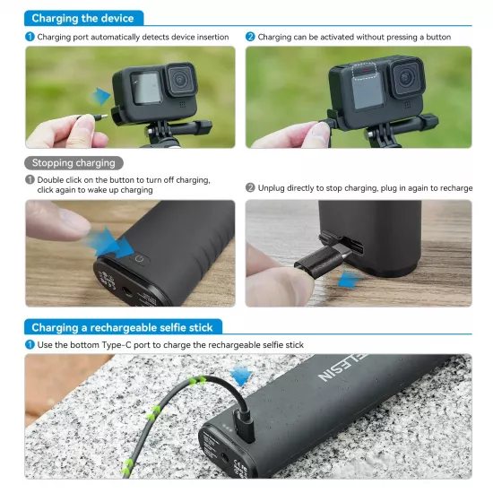 TELESIN Rechargeable Selfie Stick for Action Cameras & Smartphones