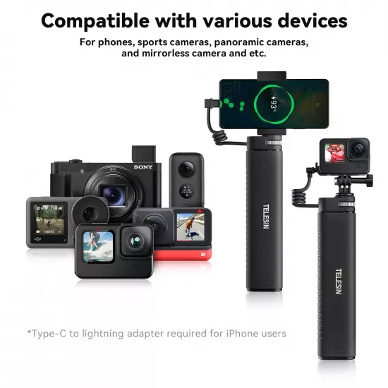 TELESIN Rechargeable Selfie Stick for Action Cameras & Smartphones