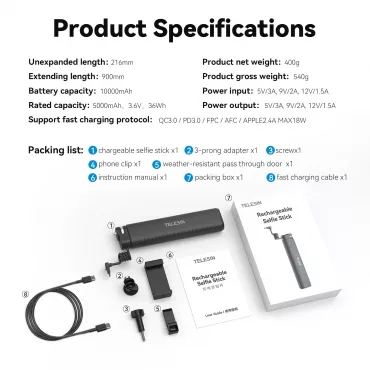 TELESIN Rechargeable Selfie Stick for Action Cameras & Smartphones
