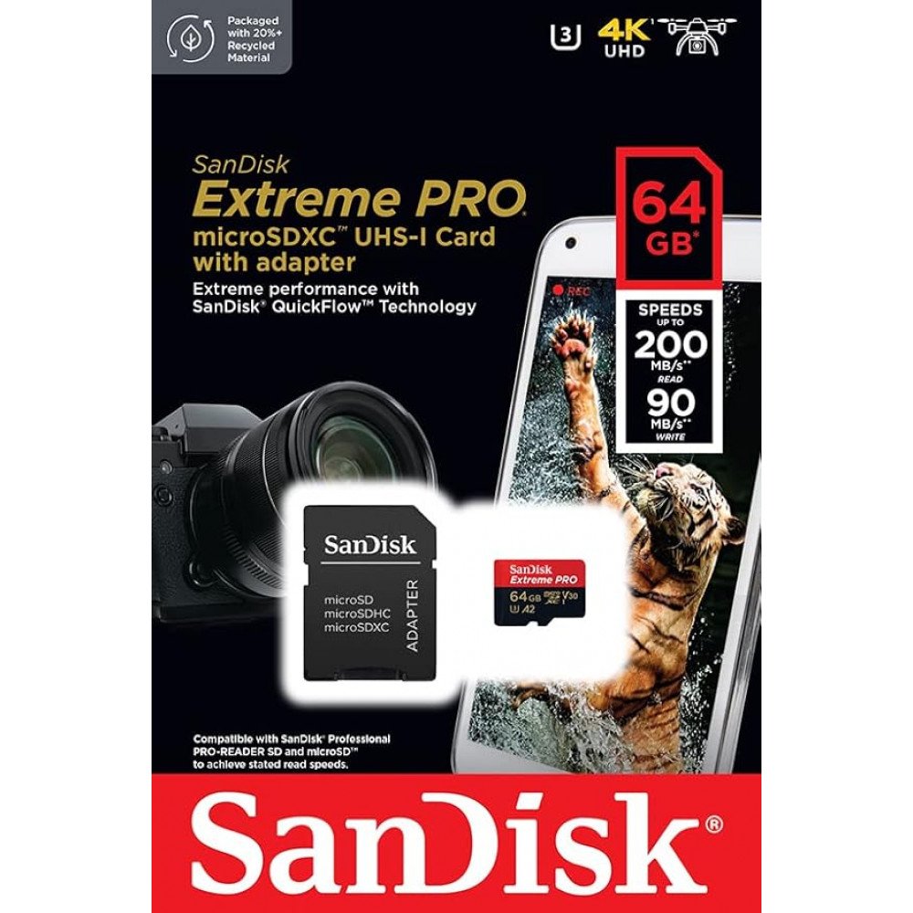 Sandisk Extreme Pro 64GB MicroSDXC 200MB/s Memory Card with SD Adapter