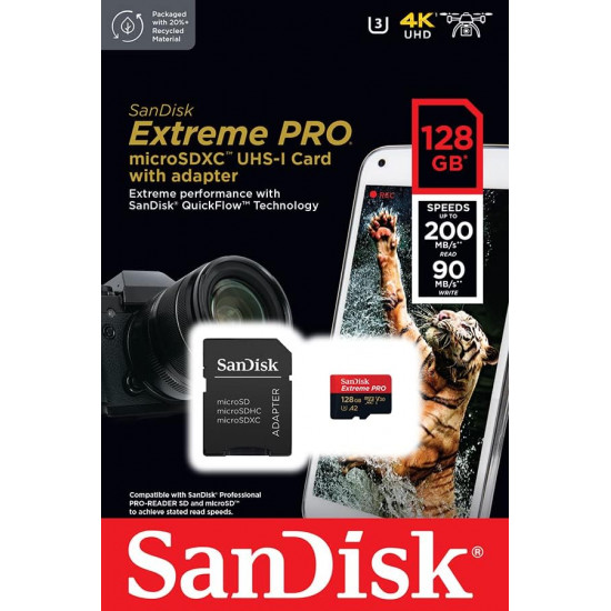 Sandisk Extreme Pro 128GB MicroSDXC 200MB/s Memory Card with SD Adapter