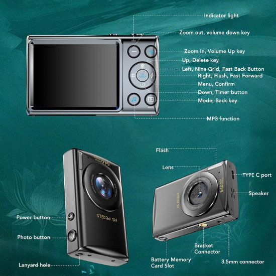 Digital Camera 64MP Video Camera with 18x Digital Zoom Auto-Focus 2.8" IPS Screen (Black)