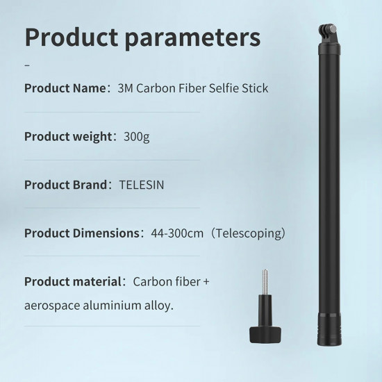 TELESIN Ultra Light No Bending Carbon Fibre Selfie Stick For Action Cameras 3M