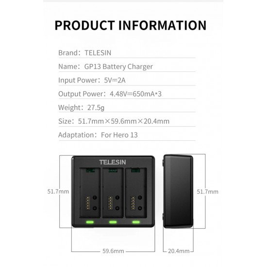TELESIN Triple Battery Charger for GoPro Hero 13