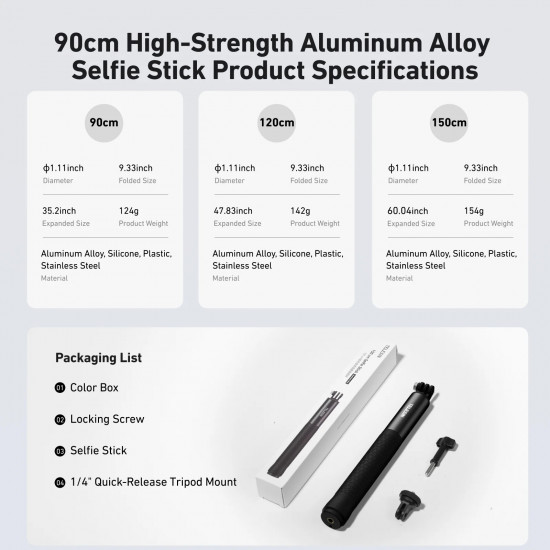 TELESIN High-Strength Aluminum Alloy Selfie Stick 90cm