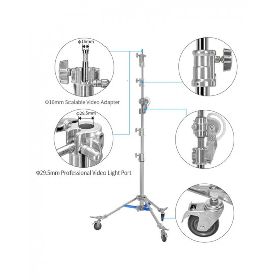 NiceFoto LS-M6 Stainless Steel Heavy Duty Adjustable Light Stand With Wheels and Arms