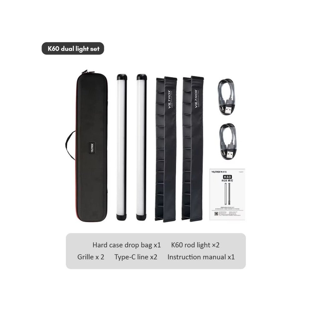 VILTROX K60 2 Kits 20W RGB Tube Light with Grid and Carry Bag VILTROX K60 2 Kits 20W RGB Tube Light with Grid and Carry Bag