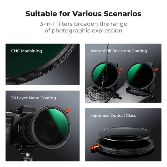 K&F Concept 77mm Nano-X ND2-32 Variable ND+CPL+Black Mist 1/4 3in1 Filter