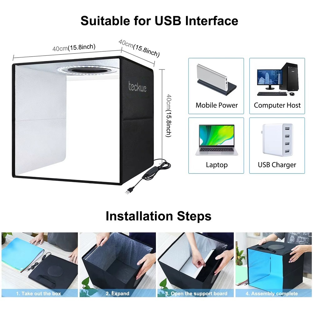 teckwe 40cm Folding Portable Ring Light USB Photo Lighting Studio Shooting Tent Box with 6 x Dual-side Color Backdrops