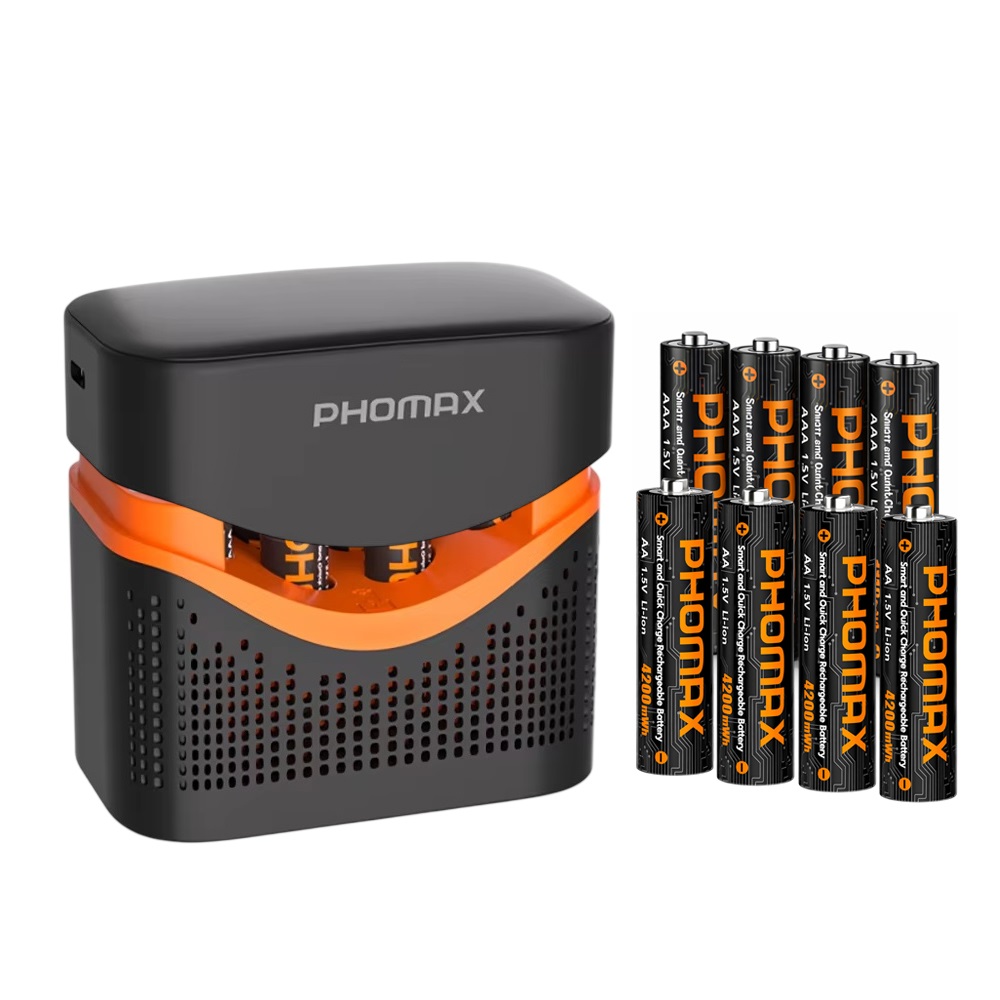 PHOMAX 8-Slot Smart Fast-Charging Charger 4x AA 4200mWh/4x AAA 1100mWh Lithium Battery kit