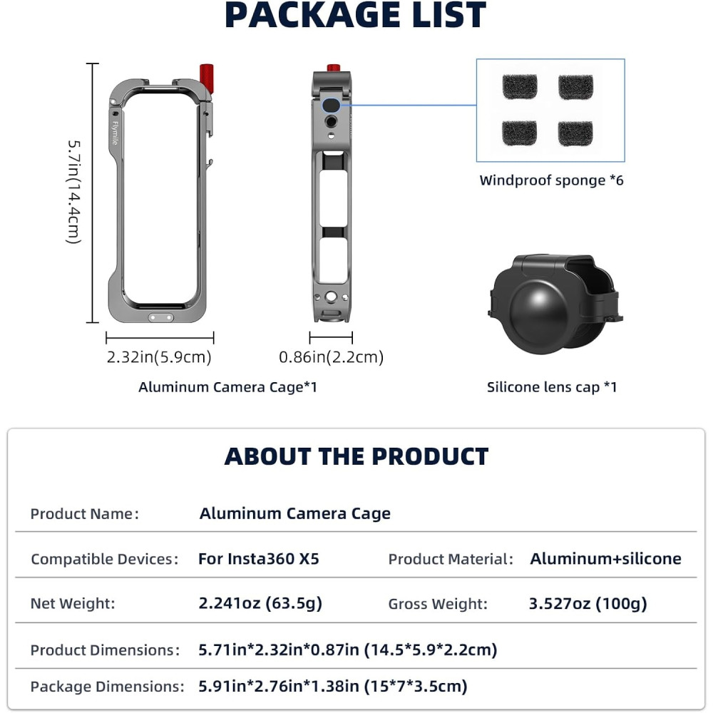 Flymily Metal Cage Rig Housing Frame with Lens Cover for Insta360 X5