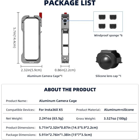 Flymily Metal Cage Rig Housing Frame with Lens Cover for Insta360 X5