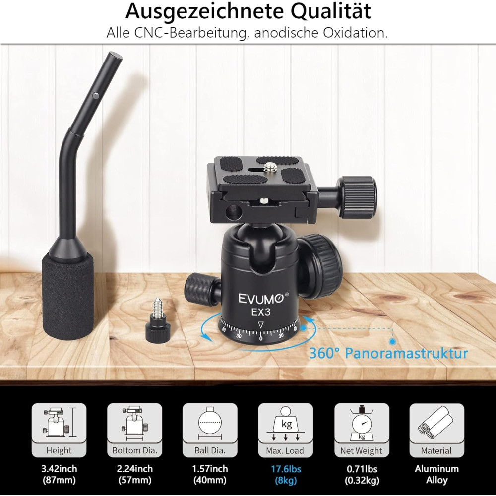 EVUMO Mini 28mm Ball Head Tripod Head with Handle