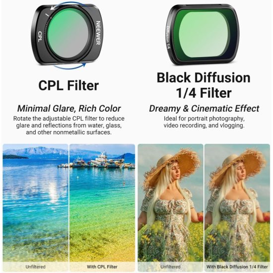 NEEWER ND2-32/ CPL/ Black Diffusion 1/4 Filter & Screen Protector Compatible with DJI Osmo Pocket 3/4