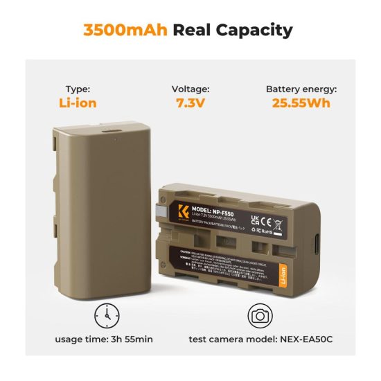 K&F Concept 3500mAh NP-F550 Battery for Sony NP-F550 with USB-C Fast Charging