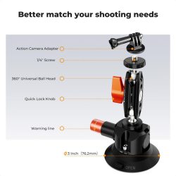K&F Concept 3-Inch Suction Cup Mount with Double Ball Head Magic Arm 1/4-Inch Screw for Car & Action Camera